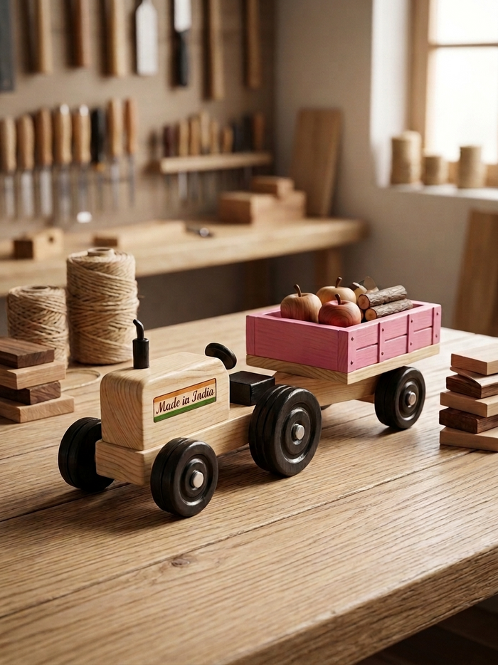 Handcrafted Wooden Tractor with Trolley Showpiece