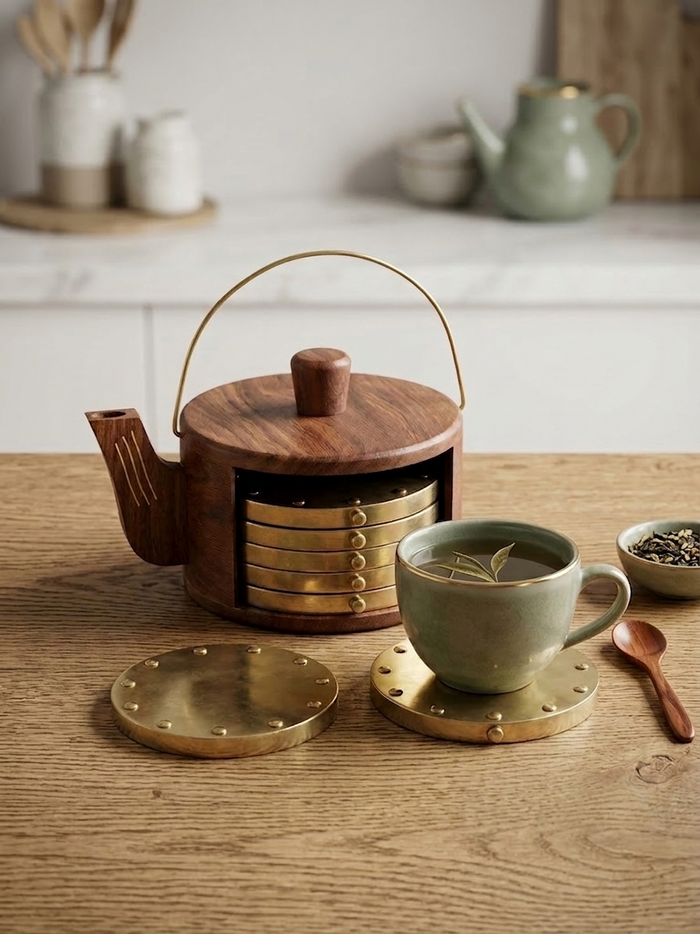 Handcrafted Wooden Teapot Coaster Set with Brass Finish