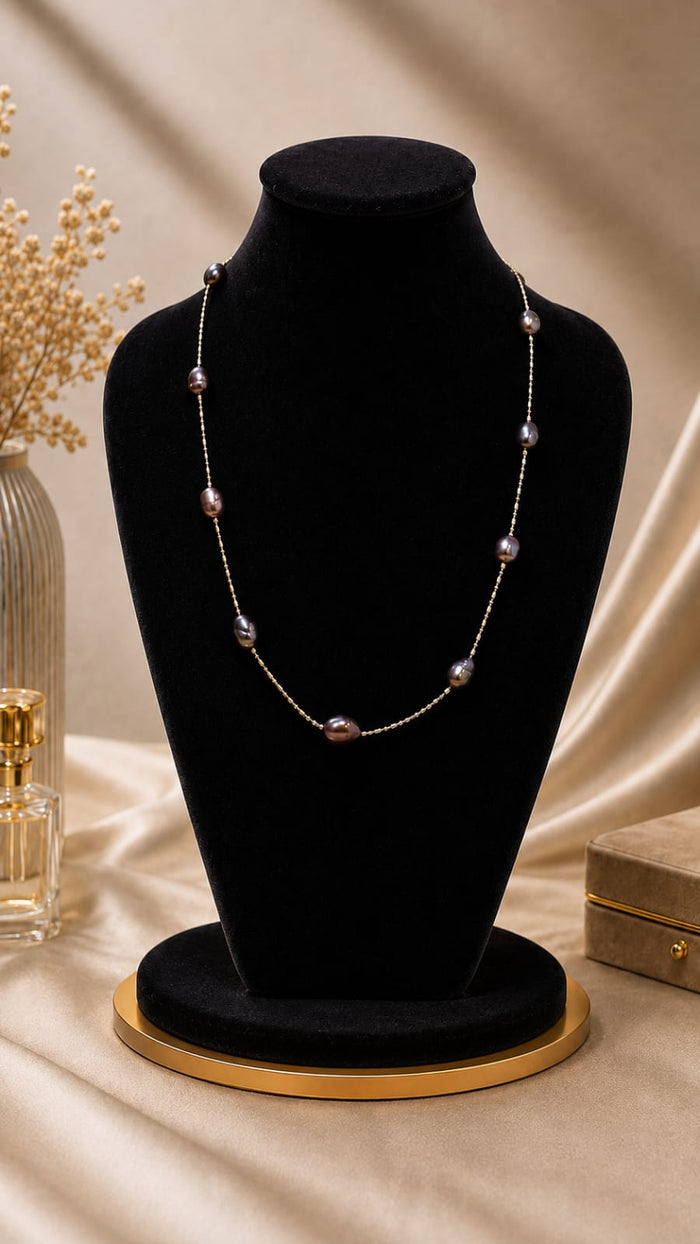 Elegant Real Dark Pearl Station Necklace