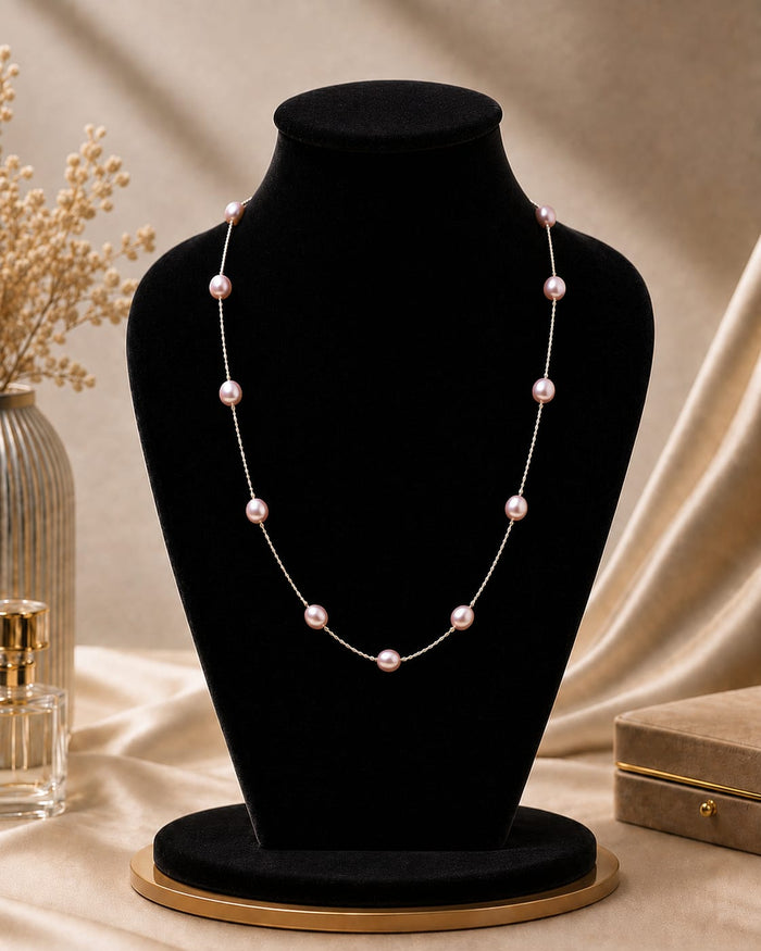 Elegant Pink Real Pearl Station Necklace